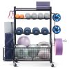 VEVOR Yoga Mat Storage Rack, Powder Coated Finish Steel Yoga Mat Holder, Home Gym Workout Equipment Organizer with Hooks & Wheels